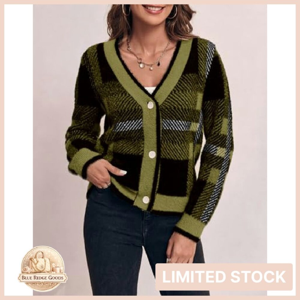 Plaid Fuzzy Knit V-Neck Cardigan Cozy Oversized Chic Fall Pullover - Picture 6 of 8